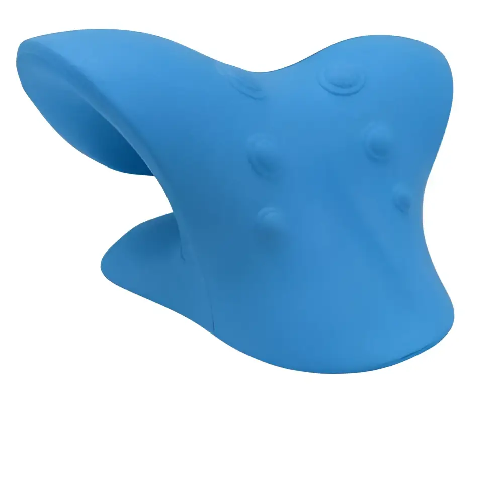 Turquoise six wheel neck massager massage tool featuring a blue silicone cervical support pillow with raised bumps