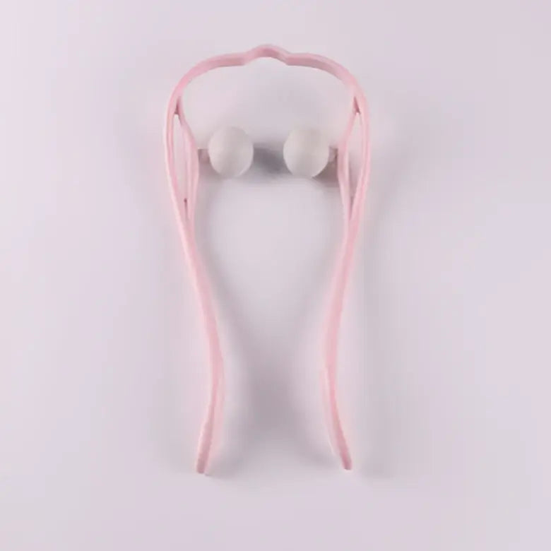 Pink plastic neck massager massage tool with two white spherical rollers designed for massager massage relieve use