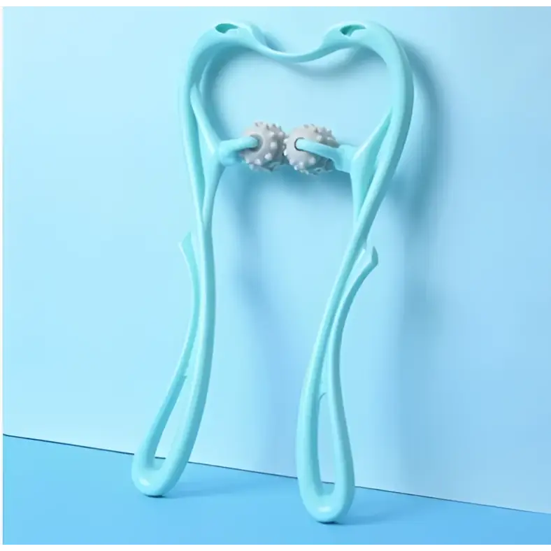 Turquoise six wheel neck massager massage tool in light blue plastic with two textured rollers for massager massage relieve