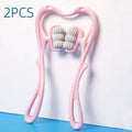 Pink plastic neck massager massage tool with four gray ribbed rollers for massager massage relieve use