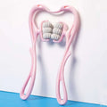 Turquoise six wheel neck massager massage tool with pink plastic frame and four gray ribbed rollers for massage relieve