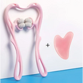 Pink heart-shaped facial roller with three gray textured rollers and matching pink jade scraper for neck massager massage relieve