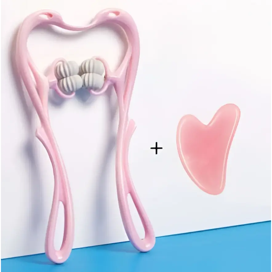 Pink heart-shaped facial roller with three gray textured rollers and matching pink jade scraper for neck massager massage relieve