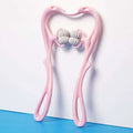 Pink plastic neck massager massage relieve tool with two gray ribbed rollers from turquoise six wheel series