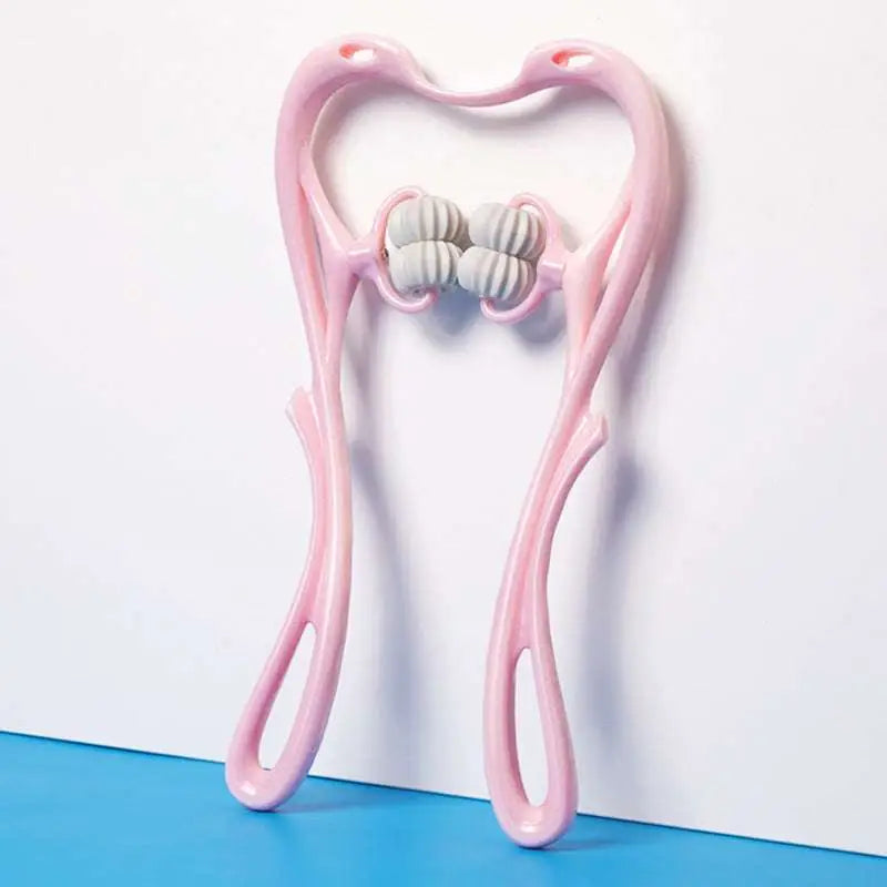 Pink plastic neck massager massage relieve tool with two gray ribbed rollers from turquoise six wheel series