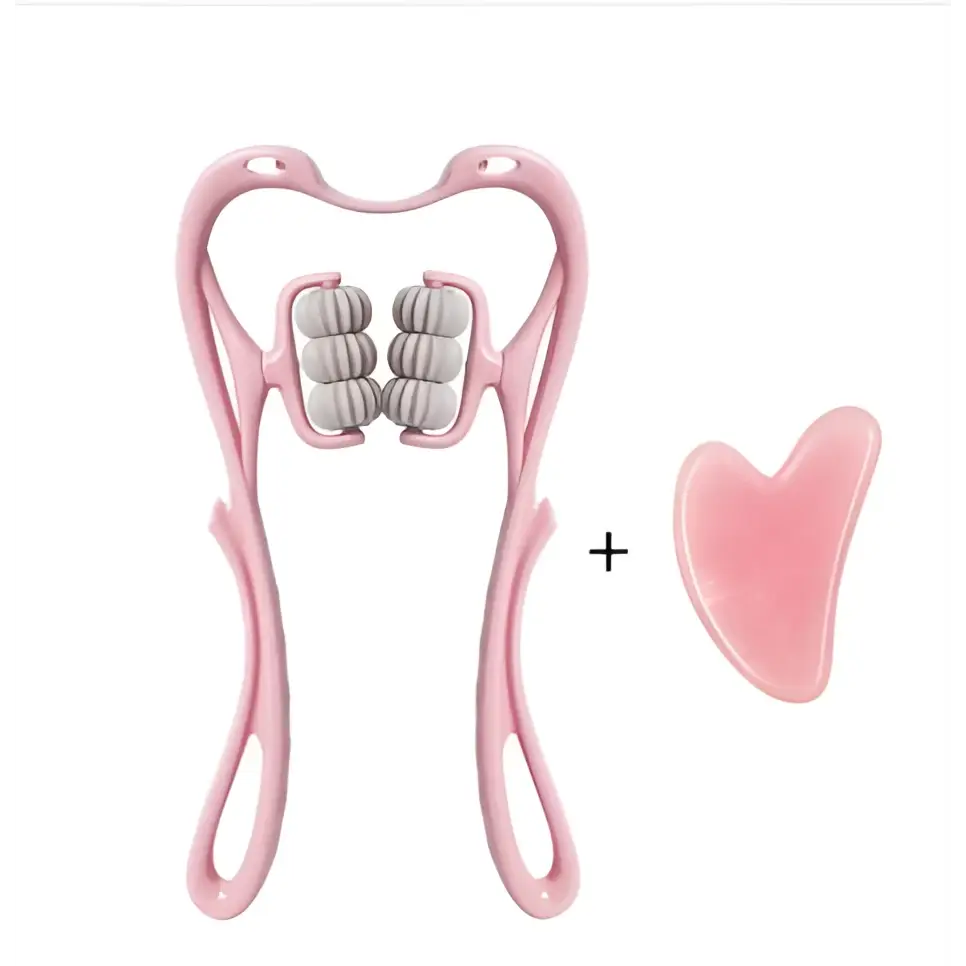 Pink plastic neck massager massage with four gray rollers and matching pink jade scraping tool for massager massage relieve