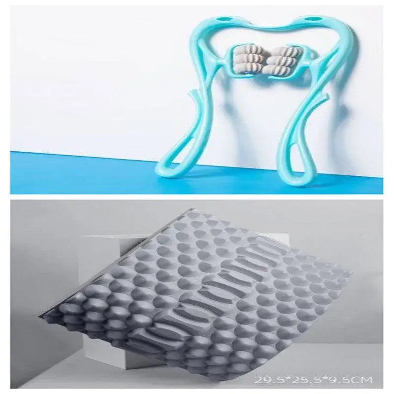 Turquoise six wheel neck massager massage tool with light blue plastic frame and gray textured rollers for massage relieve