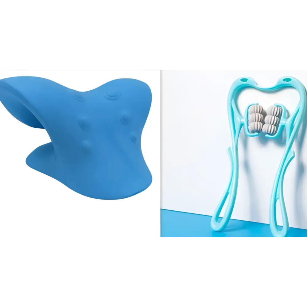 Turquoise six wheel neck massager massage cushion with ergonomic blue neck support and textured rounded contours