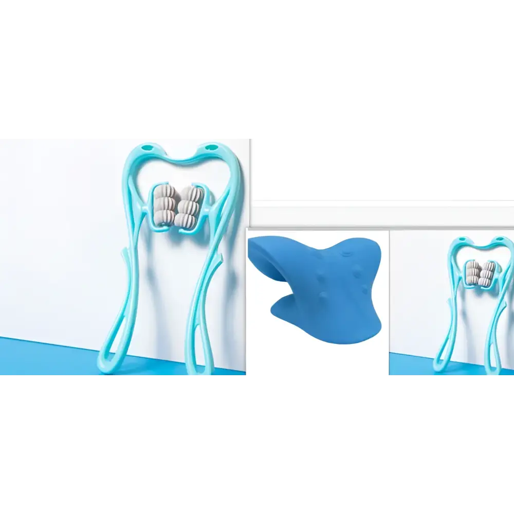 Turquoise six wheel neck massager massage tool with light blue plastic textured rollers for massager massage relieve