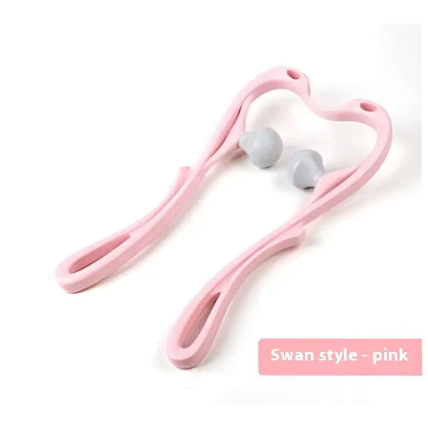 Pink swan-shaped neck massager massage tool with three gray spherical rollers for massager massage relieve use