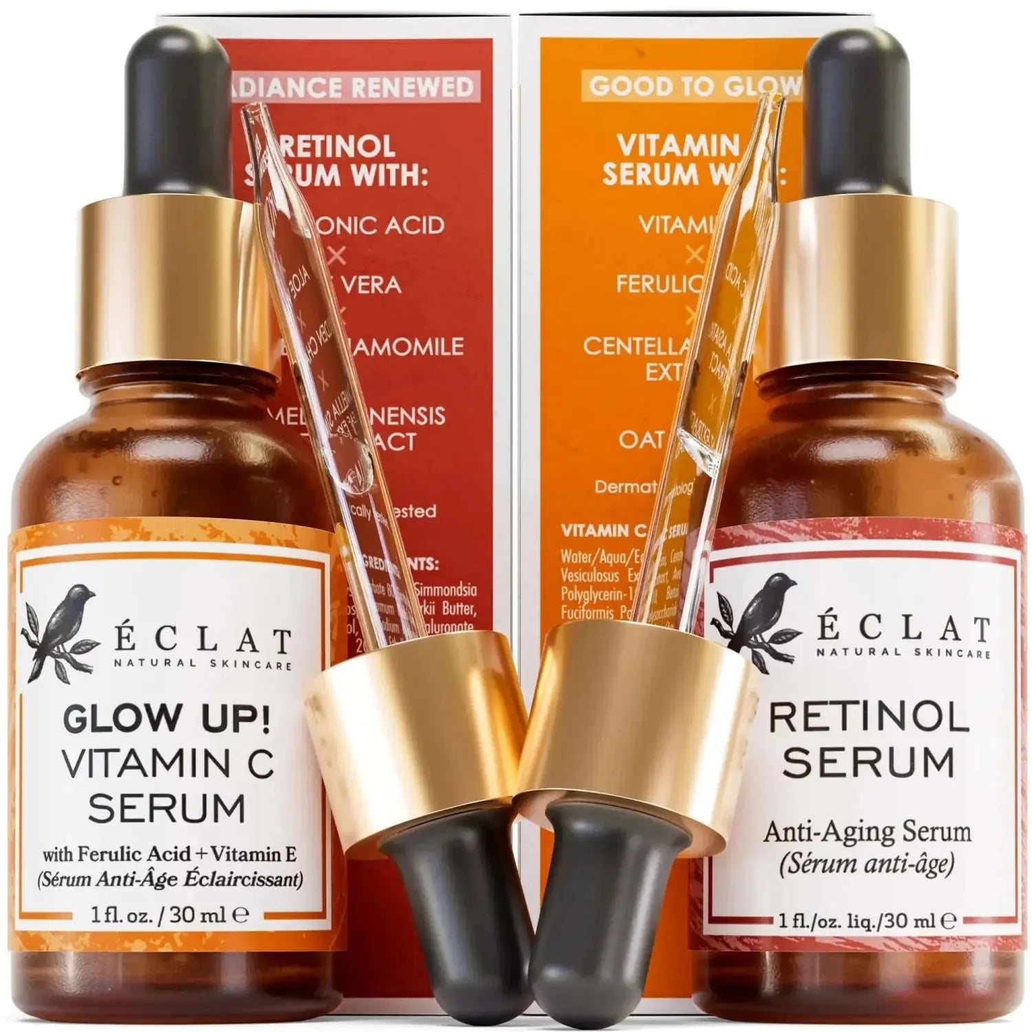 Two amber glass dropper bottles of éclat natural skincare serum featuring glow up vitamin c serum and retinol serum with gold-toned caps for an affordable skincare routine with hyaluronic acid benefits.