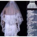 White two layer bridal sequined polyester veil featuring intricate floral lace embroidery and scalloped edges