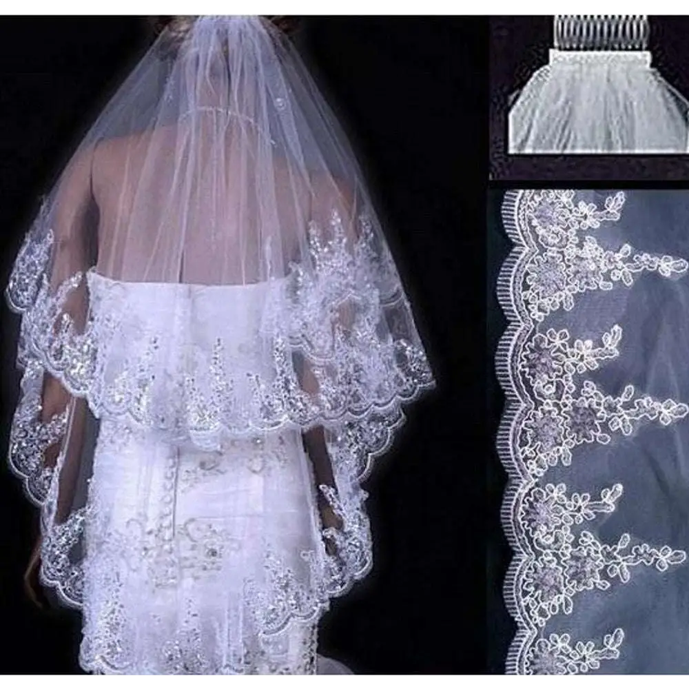 White two layer bridal sequined polyester veil featuring intricate floral lace embroidery and scalloped edges