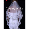 Creamy white two layer bridal sequined polyester veil with tiered lace, floral embroidery, and scalloped edges
