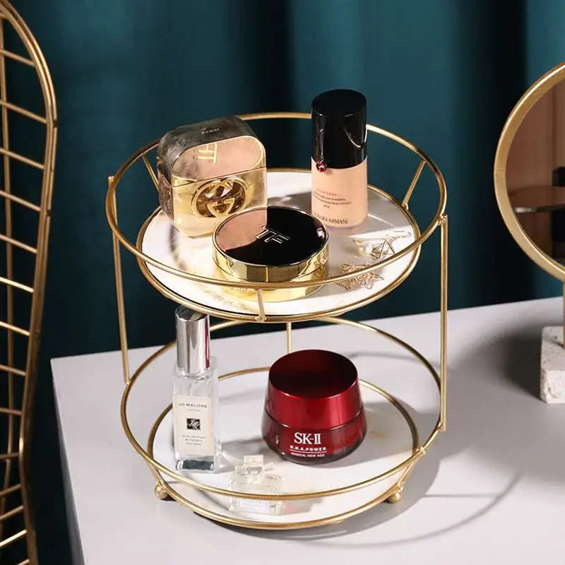Two tier gold dressing table finishing rack by royale essence lux featuring gold metal frame and white marble trays
