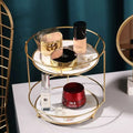 Two tier gold dressing table finishing rack by royale essence lux featuring gold metal frame and white marble trays