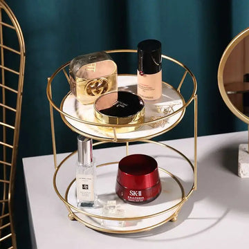 Two tier gold dressing table finishing rack by royale essence lux featuring gold metal frame and white marble trays