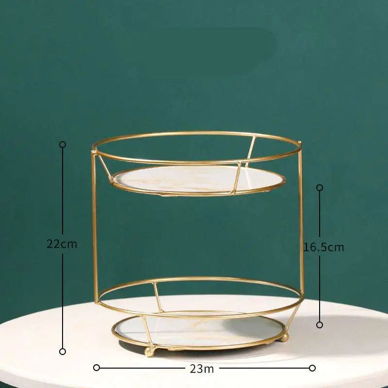 Two tier gold dressing table finishing rack by royale essence lux with gold toned metal frame and white marble trays