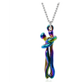 A two tone abstract hug necklace unisex men featuring a vibrant iridescent pendant with intertwined figures