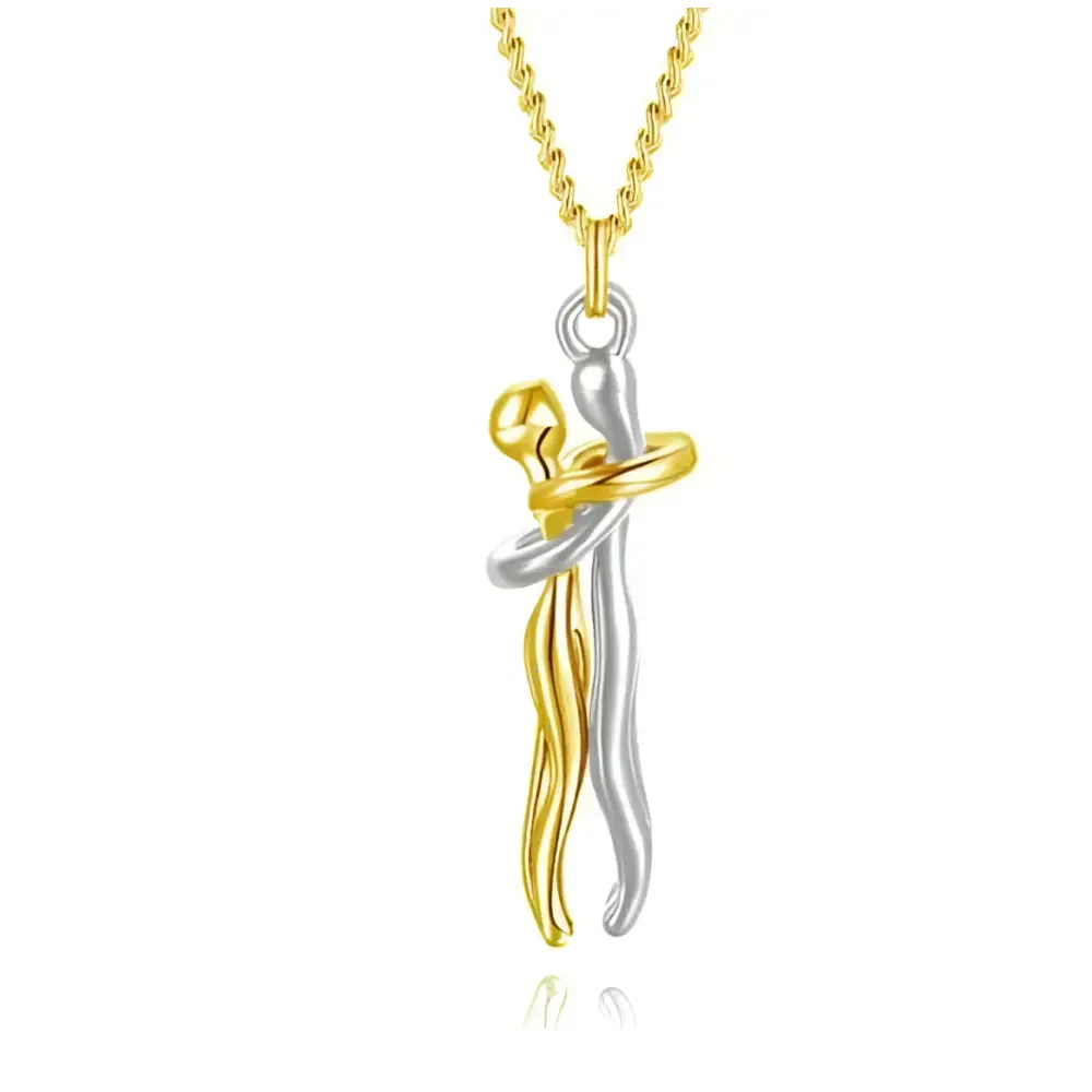 Gold and silver two tone abstract hug necklace unisex featuring a couple pendant on a gold chain for men and women