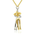 A gold and silver two tone abstract hug necklace unisex men featuring an intertwined figure design pendant