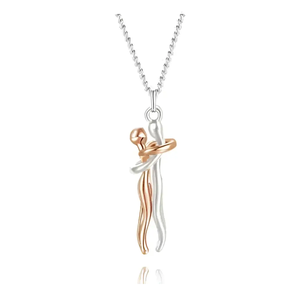 A delicate two tone abstract hug necklace unisex men featuring intertwined rose gold and silver figures on a fine chain
