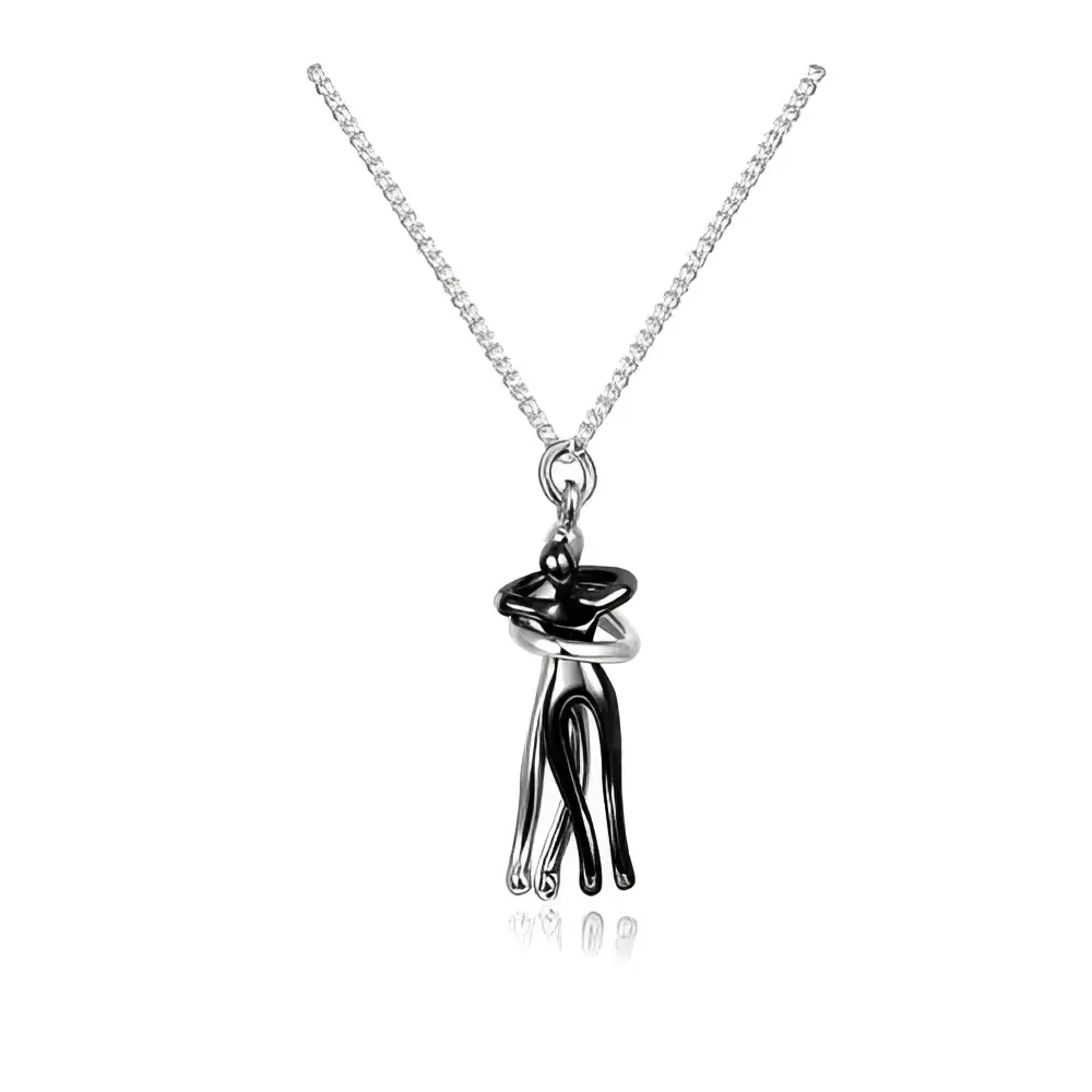 Silver pendant hug necklace unisex featuring two tone abstract figures in black and silver for necklace unisex men