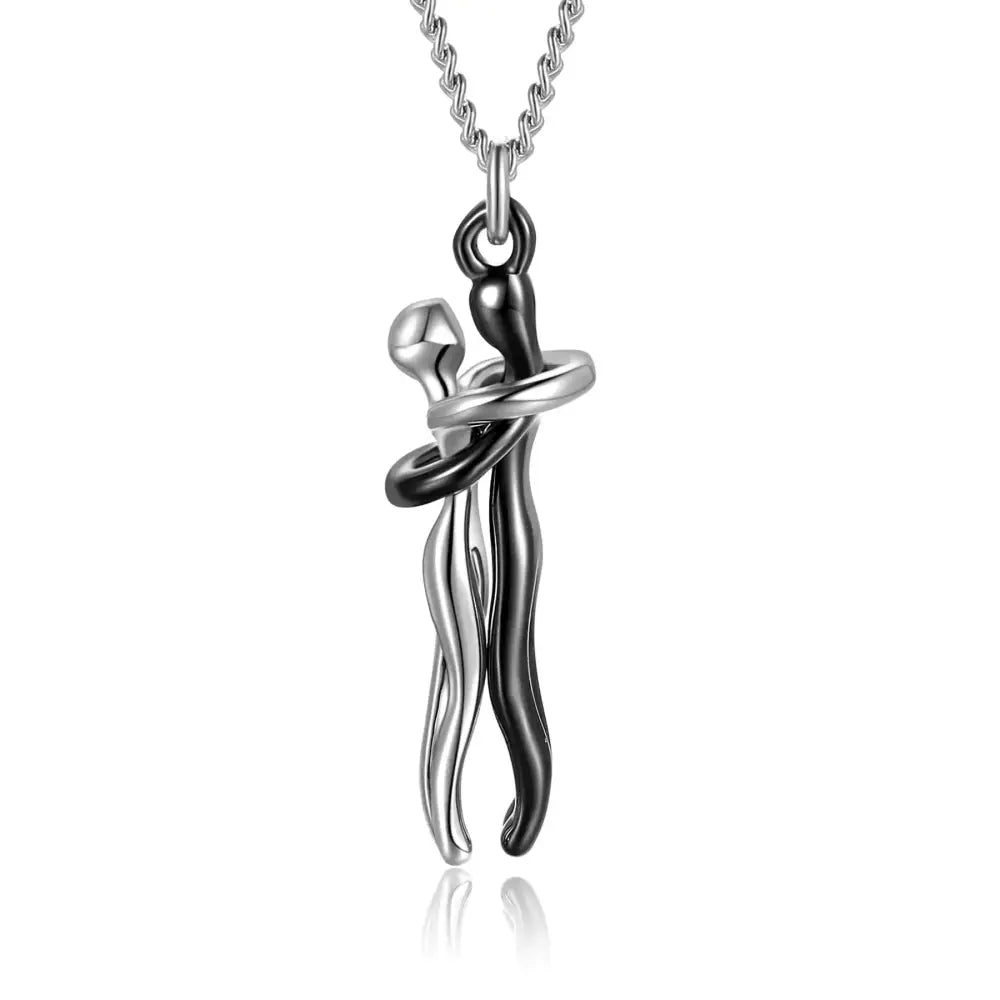 Stylish two tone abstract hug necklace unisex men in silver and black stainless steel with intertwined human figures