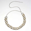 Two tone chain body jewelry belt featuring a gold and silver textured interlocking link choker for summer body jewelry