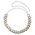 Two tone chain summer body jewelry belt featuring a gold and silver textured interlocking link design