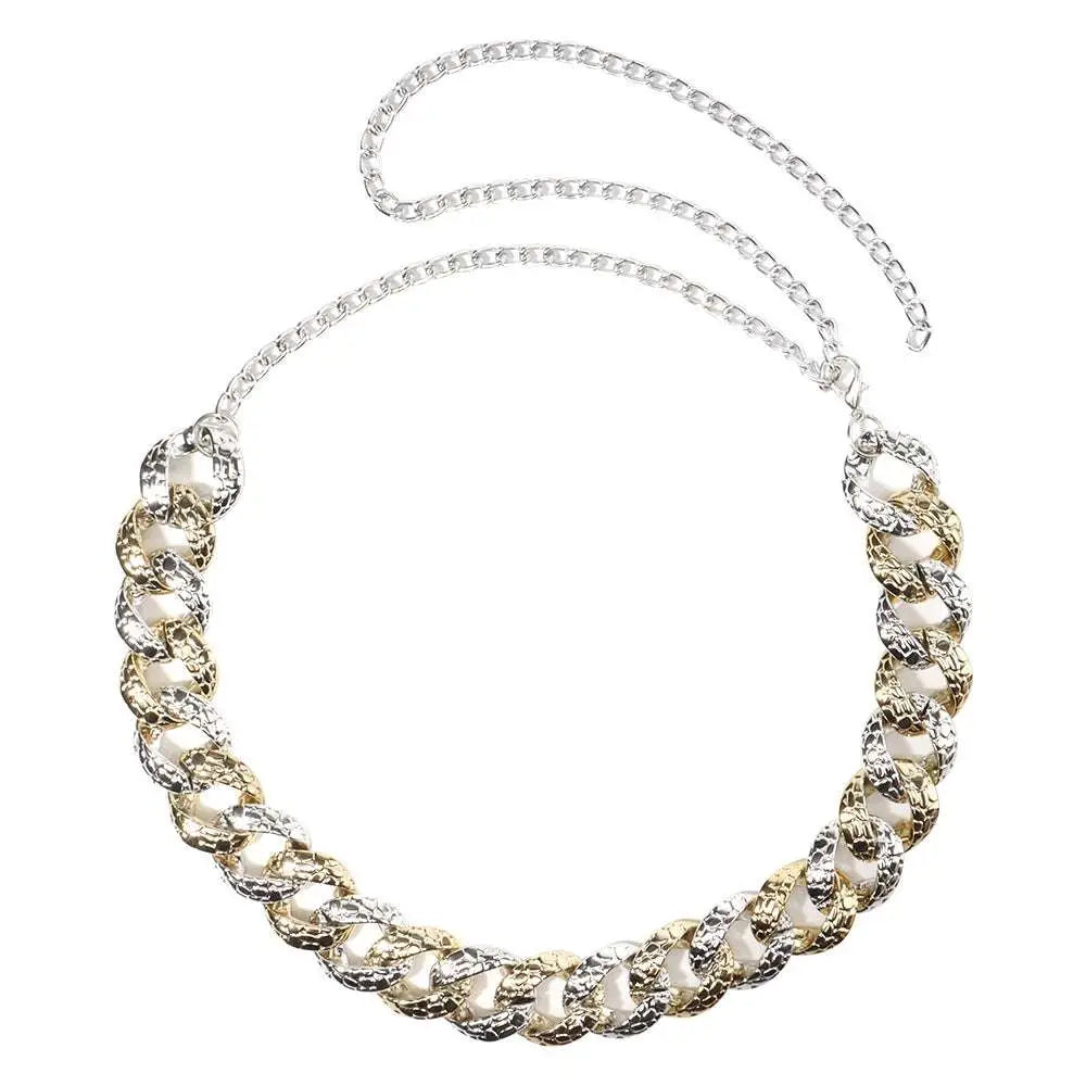 Two tone chain summer body jewelry belt featuring a gold and silver textured interlocking link design
