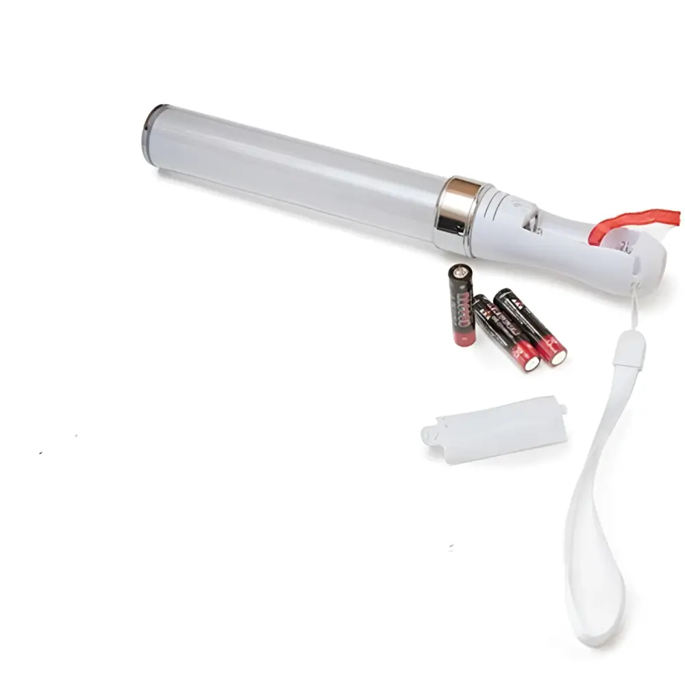 White led glow stick lights with translucent body silver metallic accents and attached white wrist straps for easy carrying