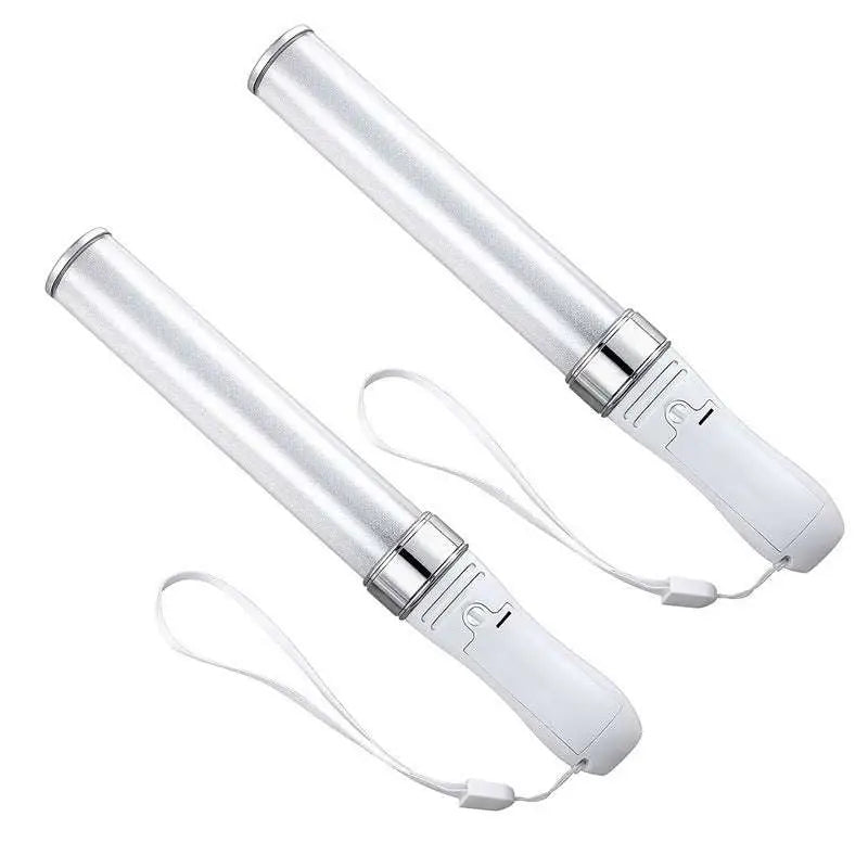 Two white LED glow stick lights with clear bodies, silver accents, and wrist straps for easy handling