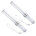 Two white LED glow stick lights with clear bodies, silver accents, and wrist straps for easy handling