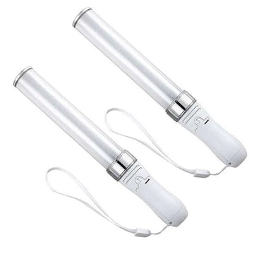 Two white LED glow stick lights with clear bodies, silver accents, and wrist straps for easy handling