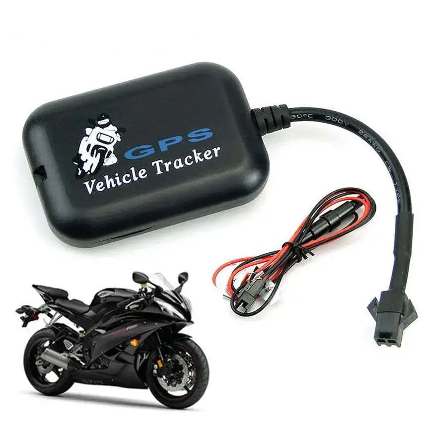 black gps vehicle tracker with motorcycle graphic and gps vehicle tracker text, connected by wires to an electrical connector, featured on royalessencelux titanium steel jewelry and collection highlights page.