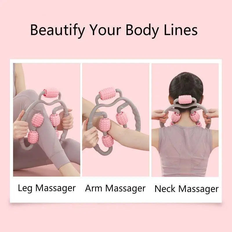 U shape trigger point massage roller with pink and gray silicone and four wheels for muscle relief on legs arms and neck