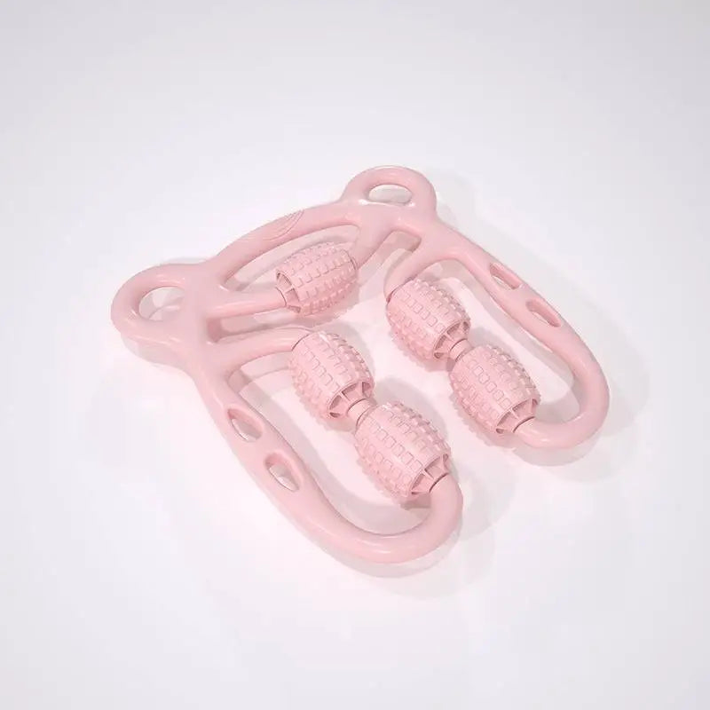 Pink plastic u shape trigger point massage roller with four textured wheels for muscle relief and point massage