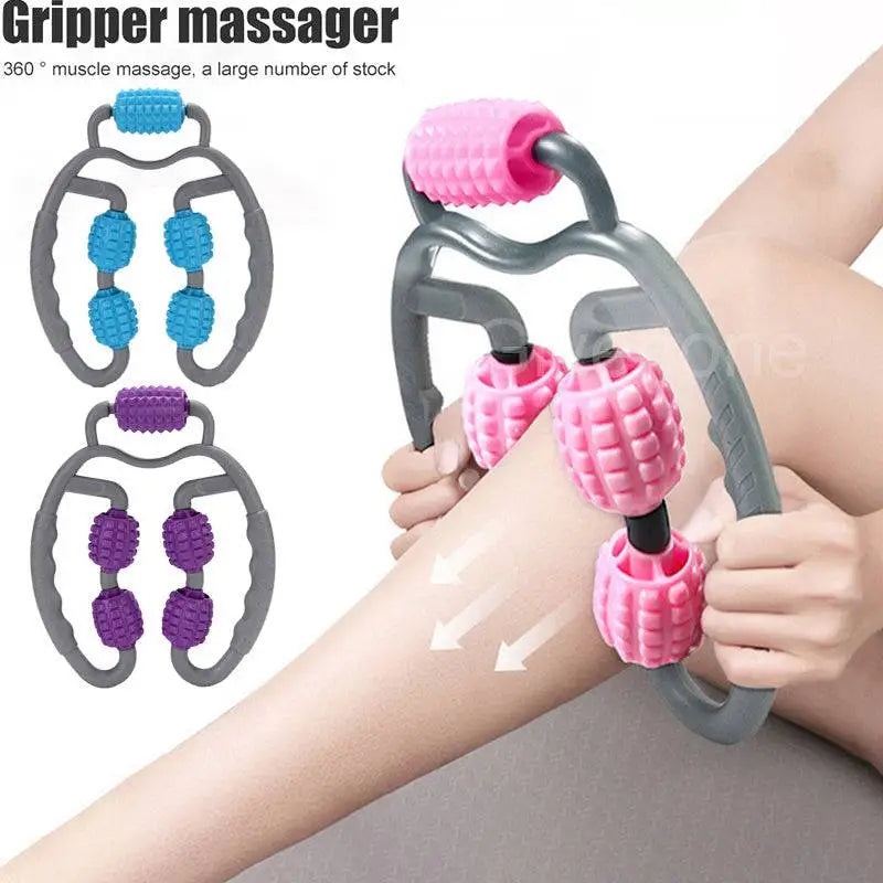 U shape trigger point massage roller in pink and gray with textured rolling balls for effective muscle relief and point massage