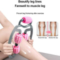 Pink and gray u shape trigger point massage roller with 4 textured wheels for effective muscle relief and point massage