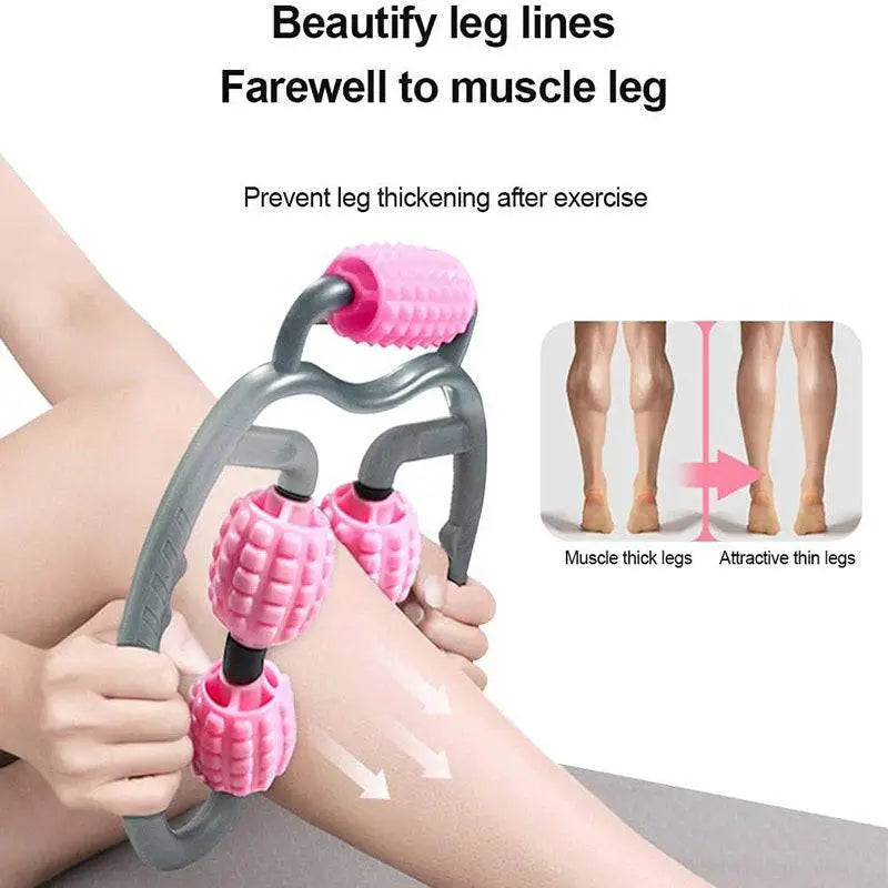 Pink and gray u shape trigger point massage roller with 4 textured wheels for effective muscle relief and point massage