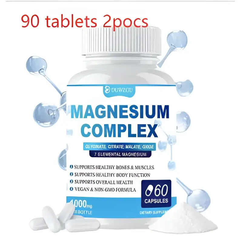 White plastic bottle of duwzgu ultimate magnesium supplement complex with blue and white label containing 60 capsules