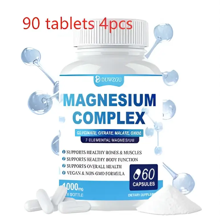 White plastic bottle of duwzgu ultimate magnesium supplement complex capsules with blue white label containing 90 tablets or 60 capsules