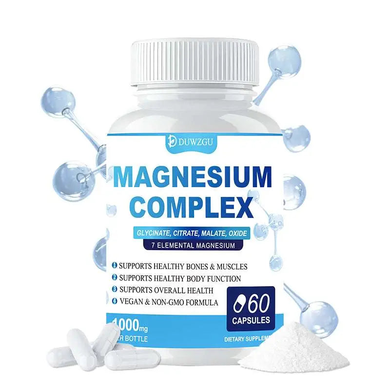 White plastic bottle of duwzgu ultimate magnesium supplement complex capsules with blue label containing 60 capsules