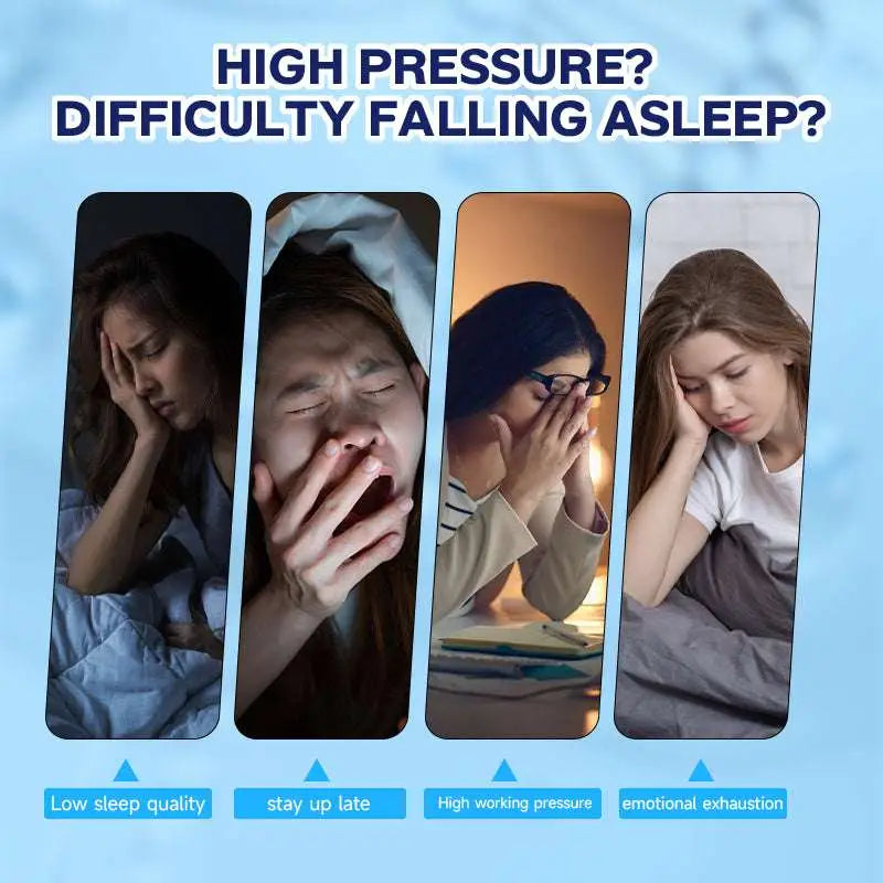 Blue promotional graphic of ultimate magnesium supplement complex capsules showing four panels of sleep issue causes