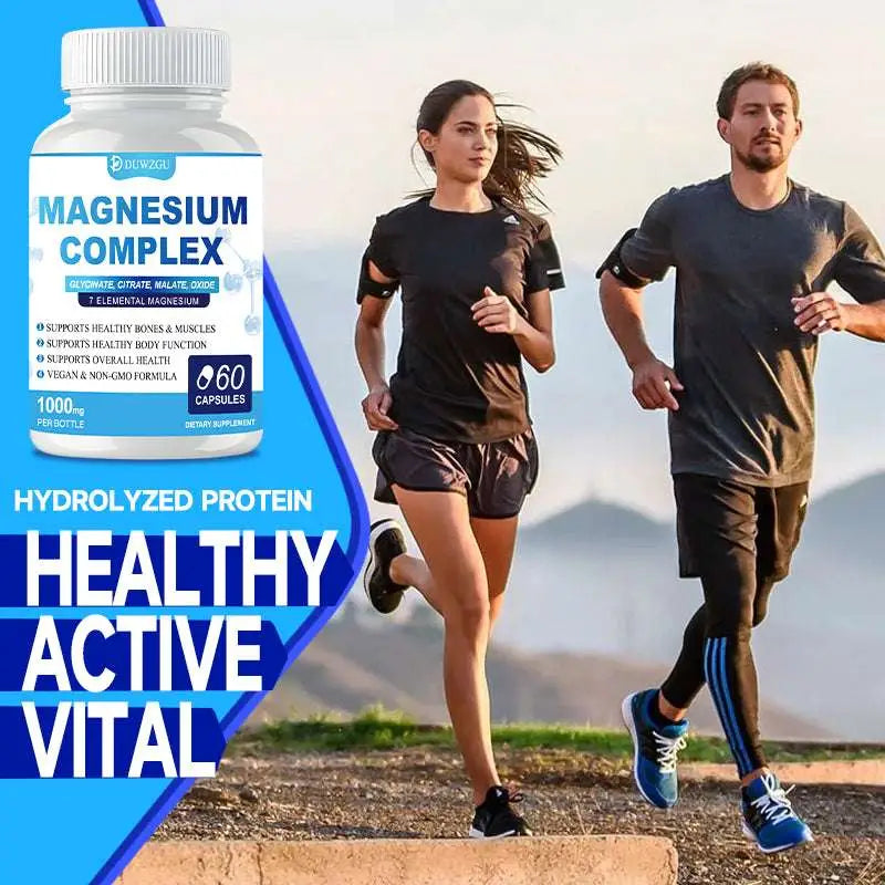 White plastic bottle of duwzgu ultimate magnesium supplement complex capsules with blue and white label containing 60 capsules