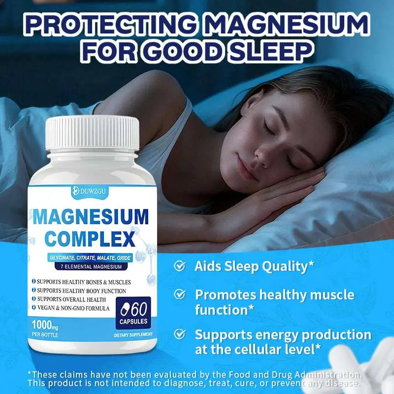 A white plastic bottle of duwzgu ultimate magnesium supplement complex capsules with a white ribbed cap and blue label