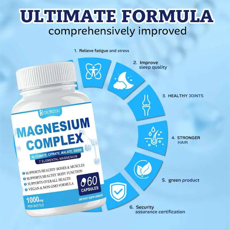 White plastic bottle of duwzgu ultimate magnesium supplement complex capsules with a blue label showing 7-element formula