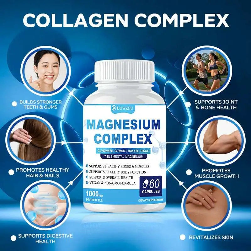 White plastic bottle of duwzgu ultimate magnesium supplement complex capsules with blue and white label containing 60 capsules