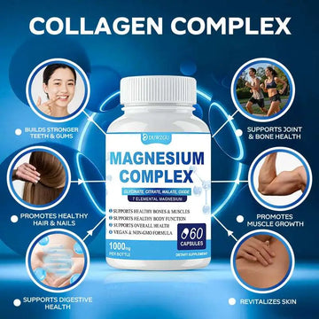 White plastic bottle of duwzgu ultimate magnesium supplement complex capsules with blue and white label containing 60 capsules